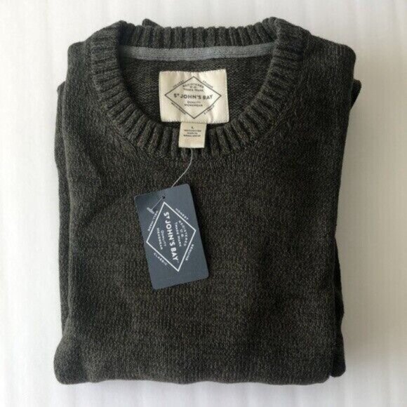 St. John's Bay Crew Neck Lg Sl Chunky Kn Sweater Olive Marl Green Sz.L NEW - Picture 7 of 8